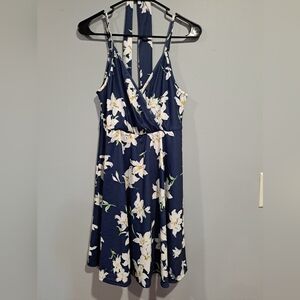 Blue flowered summer dress with belt